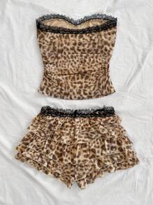Soleia Conjunto de top tubo de punto con estampado de leopardo y shorts mini con volantes en múltiples capas para mujer, para vacaciones y fiestas - Multicolor - Ver 2