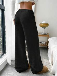 SHEIN EZwear 女款黑色秋季百搭休閒居家針織長褲，純色舒適寬鬆舒適口袋褲，溫暖秋冬長褲 - 黑色 - 查看 2