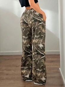 SHEIN ICON 女士休闲低腰阔腿运动裤，带有 Y2k 分支迷彩印花和侧袋