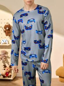 Happy Jammies Set de pijama de 2 piezas con diseño navideño todo sobre todo, con top de cuello redondo de manga larga y pantalón largo para hombre, ropa de estar por casa casual