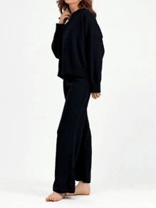 Bộ 2 áo len dài tay cổ tròn màu trơn kèm quần len thường ngày - màu đen - Xem 5