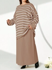 SHEIN Cottnline Striped Pattern Drop Shoulder Sweater & Knit Skirt - Multicolor - View 3