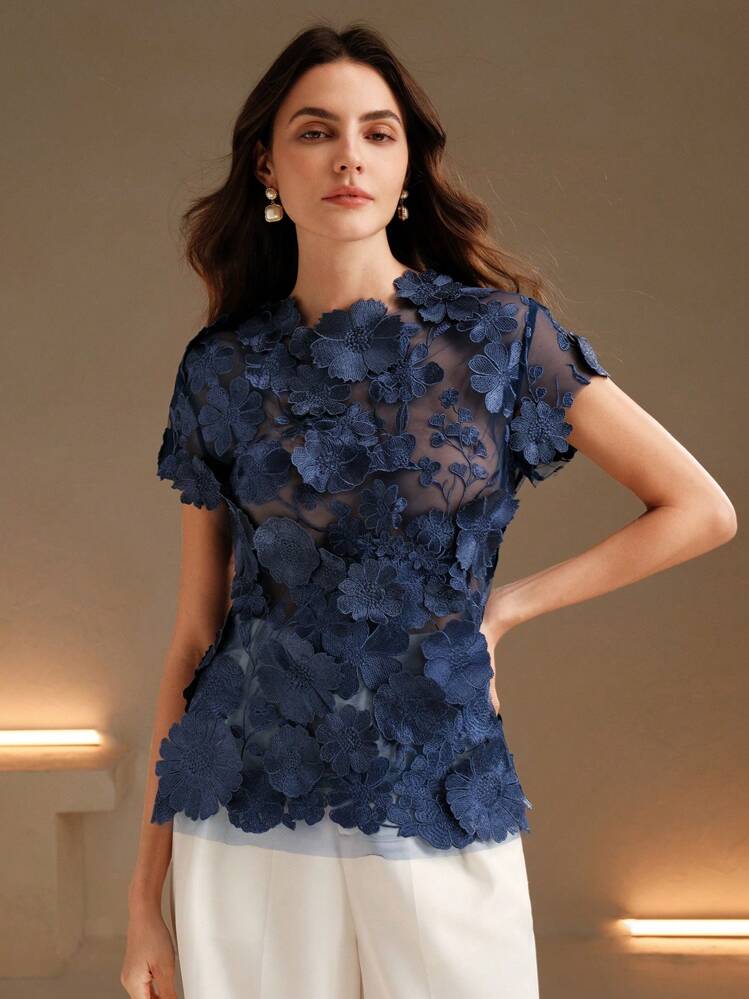 Anewsta Blouse patchwork à broderie florale romantique avec application de fleurs décoratives - Bleu marine - Voir 4