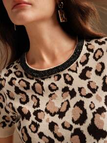 Anewsta Women's Diamond Chain & Leopard Jacquard Knit Top - Khaki - View 6