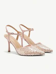 CUCCOO CHICEST Pink Glitter Pointed Toe Stiletto High Heel Sexy Ladies Pumps, Elegant And Graceful Style For Date Night Outfit - Apricot - View 2