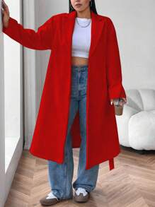 Flirla Plus Size Lapel Front Open Dropped Shoulder Belted Coat - Red - View 6
