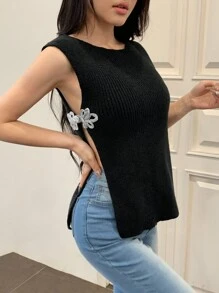SHEIN MOD Top corto de punto sin mangas de unicolor con abertura lateral para mujer