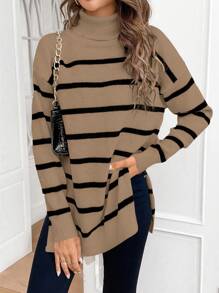 SHEIN Frenchy 休闲拼色条纹高领侧开衩毛衣，秋冬