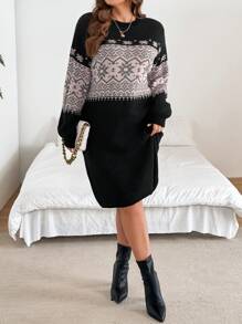 SHEIN LUNE 大码雪花几何图案提花落肩毛衣连衣裙商务休闲女士、度假装、乡村上衣