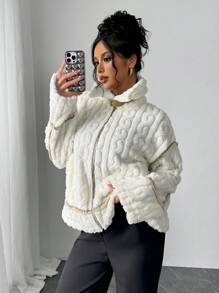 SHEIN Privé Women's Casual Elegant Warm Beige Fluffy Motorcycle Teddy Jacket, Regular Fit, Autumn/Winter