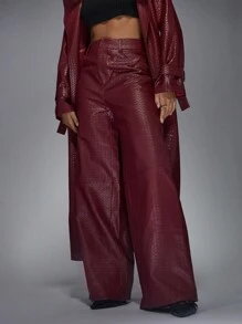 MISSGUIDED Quần ống rộng giả da sang trọng cạp cao Quần dệt kim đan rổ có họa tiết Quần thời trang Palazzo thu đông Trang phục chuyên nghiệp Tiệc tối Giáng sinh - Màu Đỏ Sâu - Xem 5