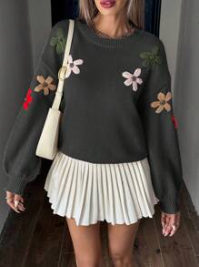 Chiquease Women's Handmade Embroidered Floral Round Neck Dropped Shoulder Long Sleeve Loose Sweater - Black - View 5