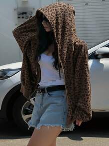 Dazy Plus Plus Size Women Casual Leopard Print Drawstring Hooded Loose Front Zip Up Sweatshirt, Autumn,Fall Women Clothes Jacket