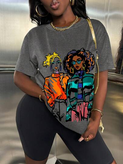 SHEIN Women's Summer Cartoon Character Printed Round Neck Casual Short Sleeve T-Shirt Graphic Tees Women Tops