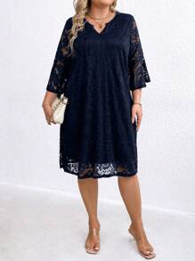 SHEIN Clasi Plus Size Elegant Solid Lace Notched Neck Dress For Autumn - Navy Blue - View 1