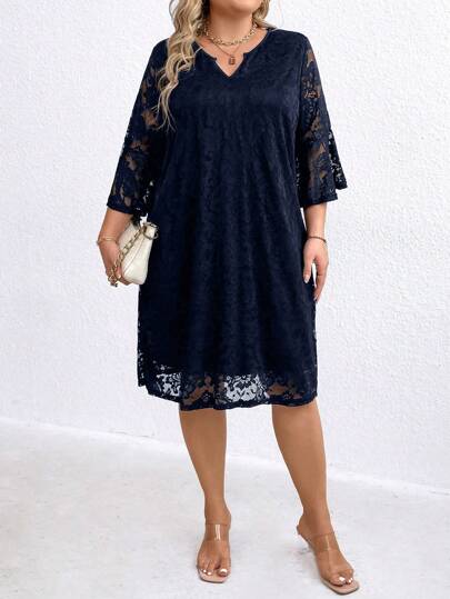 SHEIN Clasi Plus Size Elegant Solid Lace Notched Neck Dress For Autumn