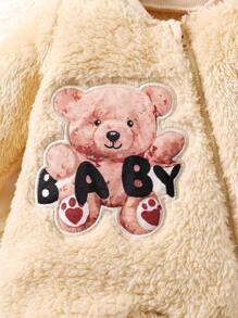 Baju Terusan Bayi Perempuan Baru Lahir Motif Beruang Lucu Lengan Panjang Bahan Fleece dengan Penutup Kaki, Pakaian Rumah yang Hangat dan Nyaman - Aprikot - View 3