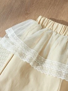 Blossori Young Girls Elegant Khaki Lace Trim Woven Wide-Leg Pants With Overexaggerated Skirt Hem, Autumn/Winter - Khaki - View 3