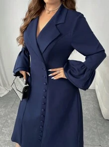Mulvari Plus Size Solid Color Front Button Long Sleeve Flat Collar Minimalist Casual Short Dress,Graduation Dress - Navy Blue - View 1