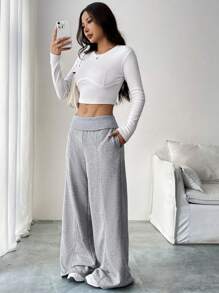 SHEIN Unity Damen vielseitige, locker sitzende, weite Lässig-Hosen mit niedriger Taille, amerikanischer Stil, Jogginghose, lang - Grau - Übersicht 5