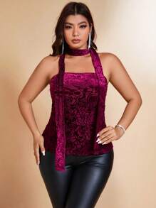Allurite Plus Size Women's Dark Blue Summer Elegant Night Out Club Flocked Lace Floral Print Camisole Sleeveless Top With Decorative Scarf,Fashion Commuter - Burgundy - View 5