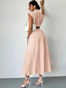 Firerie 女士优雅休闲节日约会音乐节派对时尚镂空口袋腰部收紧长袖连衣裙，夏季 - 藕粉色 - 查看 3