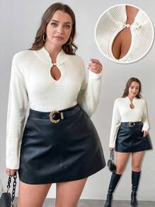 SHEIN Clasi 1件女士加大码优雅纯色高领镂空毛衣，秋季/冬季针织套头衫 - 白色 - 查看 1