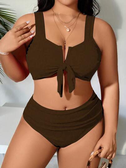 SHEIN Swim Curve 2pcs/Set Plus Size Brown Adjustable Strap Bowknot Bikini Summer