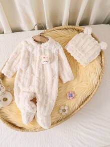 SHEIN 2 stuks/set pasgeboren beige pluche textuur 3D konijn patroon lange mouwen voet jumpsuit en hoed nachtkleding set