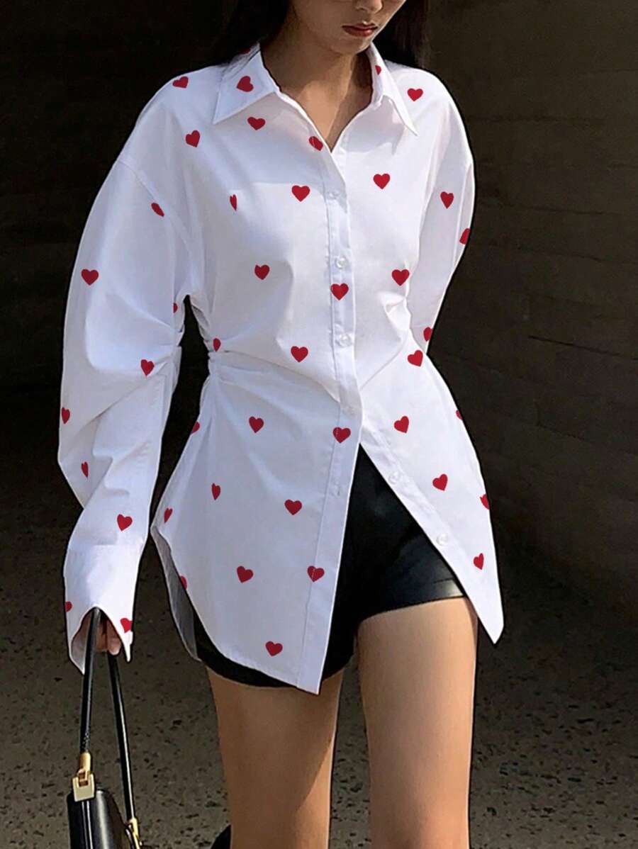 Chiquease 女士优雅法式心形印花长袖衬衫，情人节 - 白色 - 查看 1