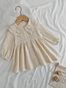 SHEIN Vintaside Kids 女婴婴儿优雅休闲度假风格双层海军领 100% 纯棉天然面料宽松长袖连衣裙，象牙色/米色/香槟色