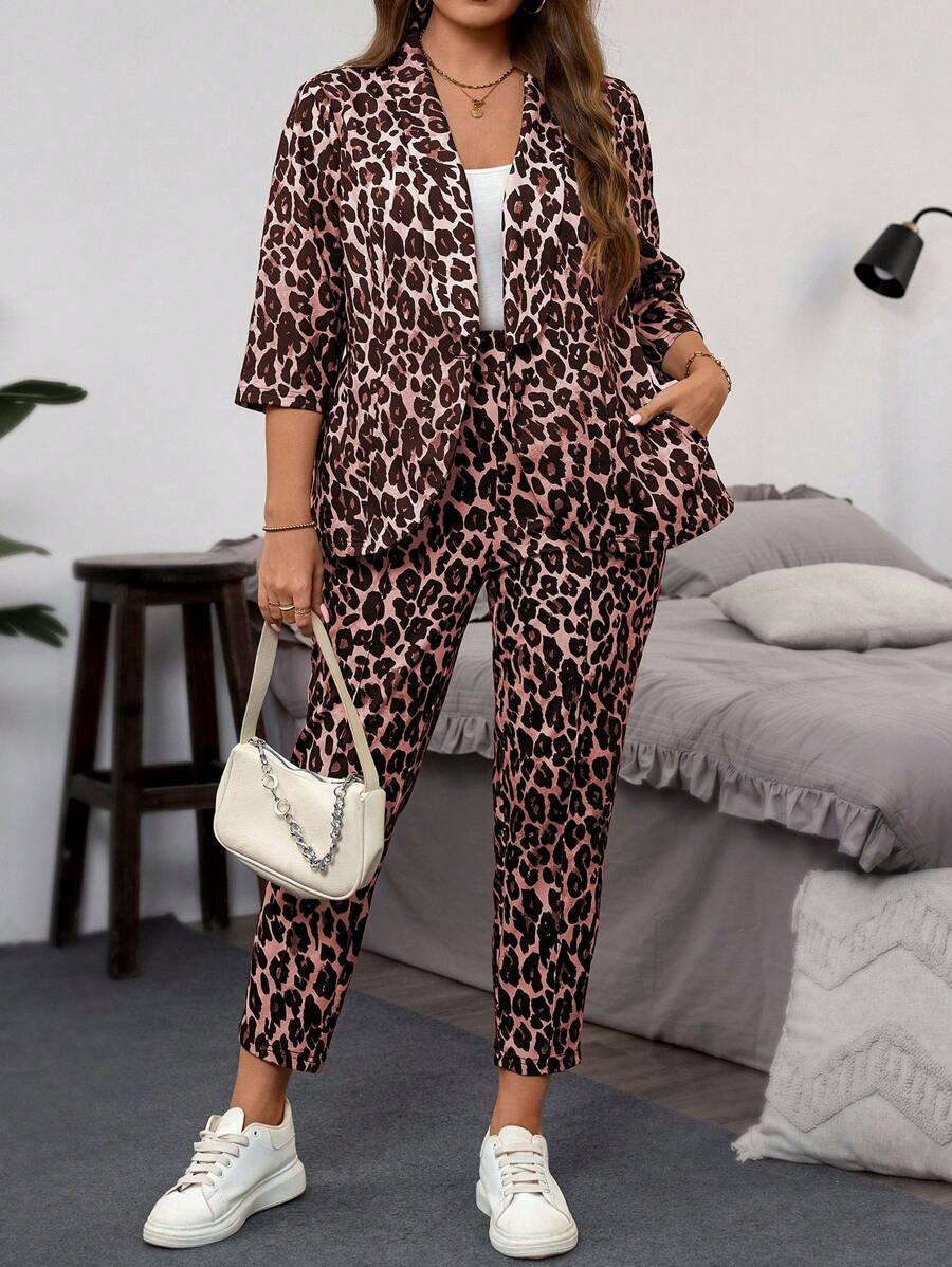 SHEIN LUNE Plus Size Casual Leopard Print 2 Pieces Set, Jacket & Pants New Years Women Outfit Winter Dresses Winter Clothes Women Rave Outfits Thanksgiving Outfit Women - Red - View 1