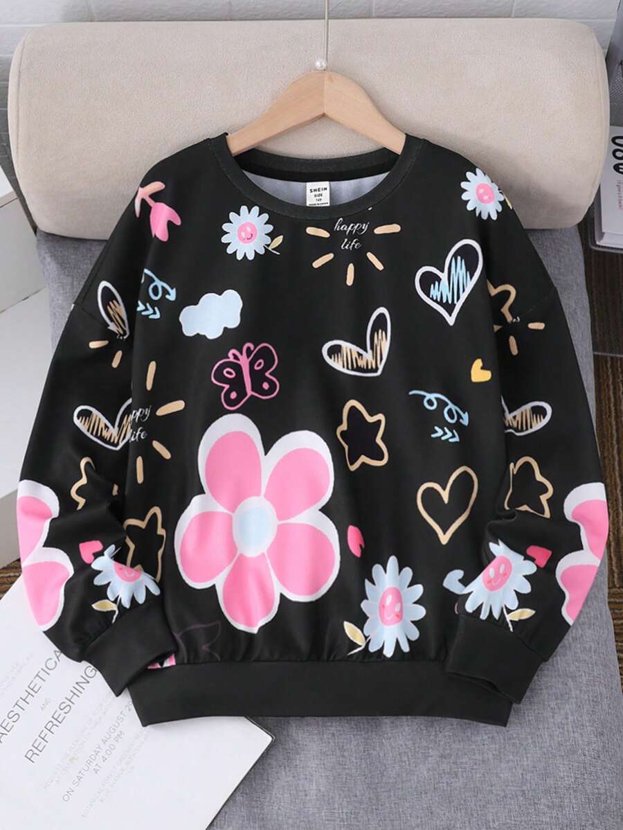 SHEIN Teen Girls Flower Graffiti Print Crew Neck Loose Fit Casual Sports Sweatshirt Pullover,In Fall/Winter - Black - View 1