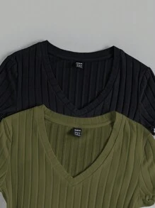 SHEIN EZwear 女士 2 件套休闲简约纯色罗纹针织生菜边紧身连体衣，夏季