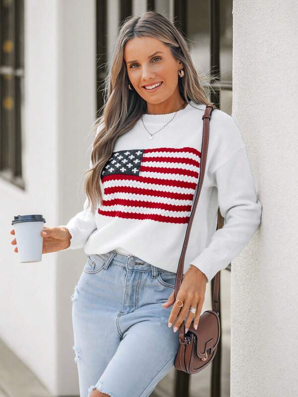 Wildy 1pc Women's Casual American Flag Textured Sweater