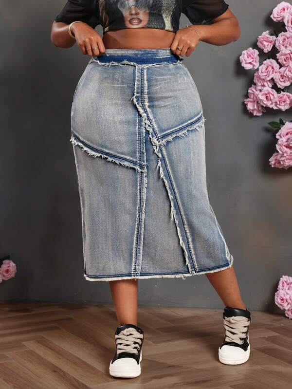 Slaydiva Plus Size Blue Straight Hair Midi New Years Women Denim Skirt