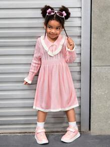 Young Girl Casual Cute Contrast Color Peter Pan Collar Long Sleeve Sweater Dress, Autumn/Winter - Pink - View 1
