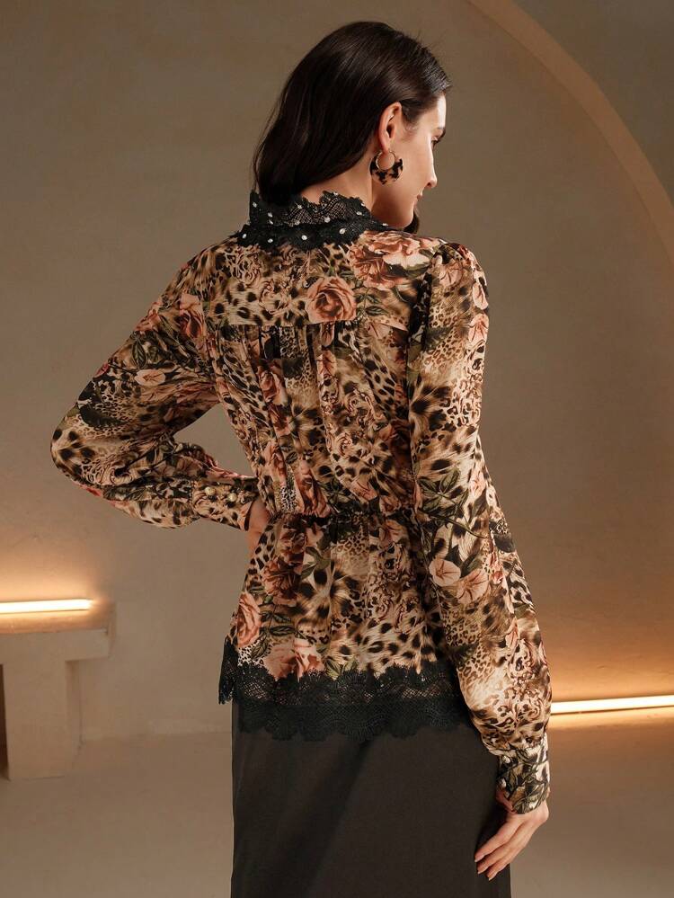 Sexy V-Neck Leopard Floral Lace Rhinestone Trim Woven Blouse Shirt, Party/New Year Women