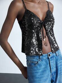 Maija 女式黑色闪亮亮片面料迷人 V 领宽松细肩带吊带上衣，适合所有季节，时尚都市优雅休闲装，商务休闲办公室，低调精致时尚，城市通勤必备品，编辑精选，社交名媛节日派对，浪漫优雅邮轮度假装 - 黑色 - 查看 7