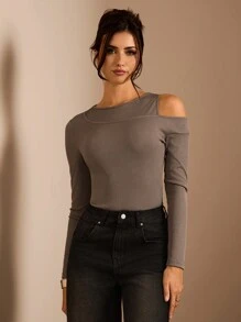 Glamine Women's Solid Color Open Shoulder Long Sleeve Bodysuit, Casual & Fashionable For Everyday Wear Fall Cloth For Women - Grey - View 4