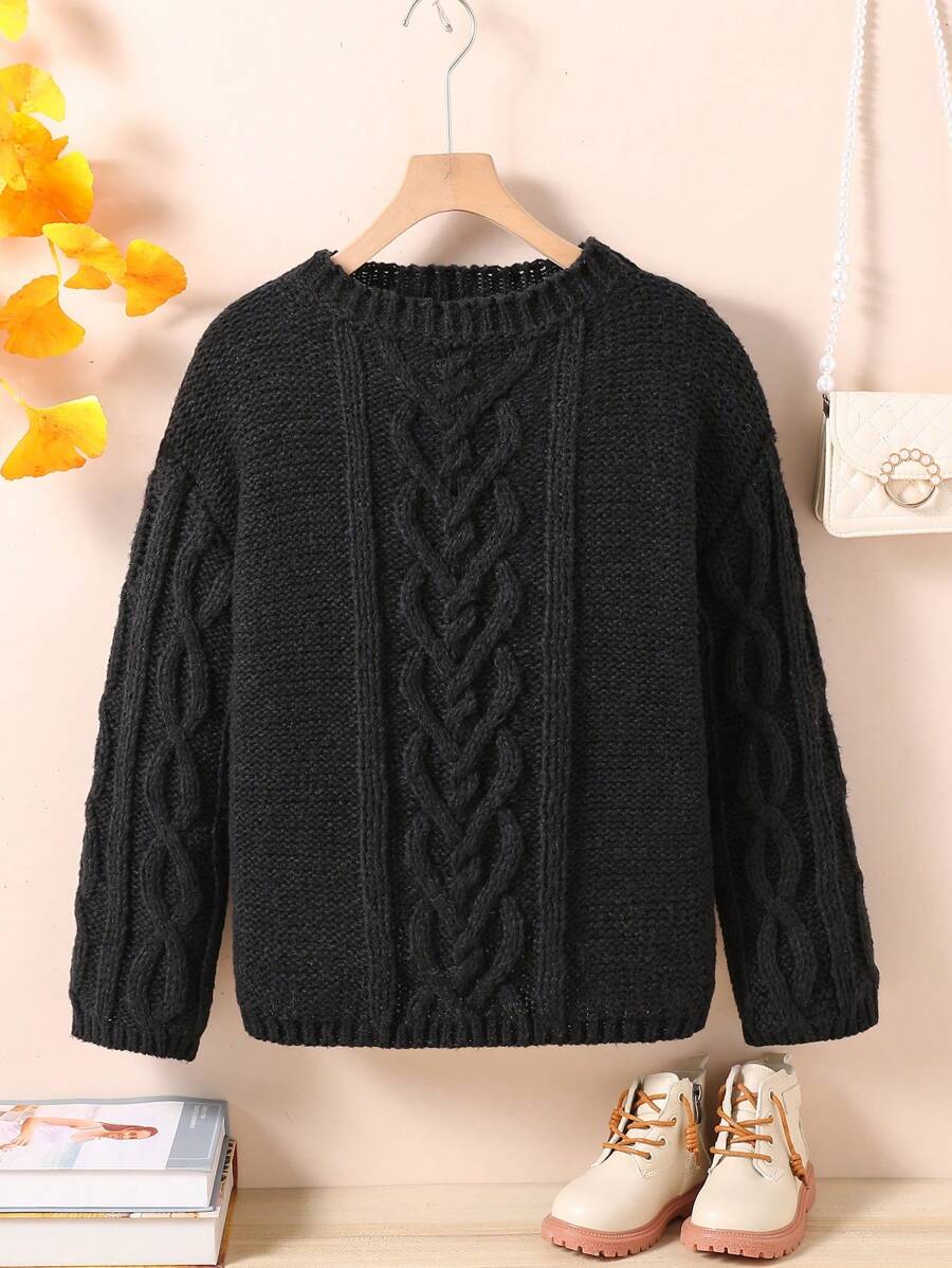 Tween Girl 秋季心形针织毛衣，时尚休闲圆领长袖套头衫 - 黑色 - 查看 1