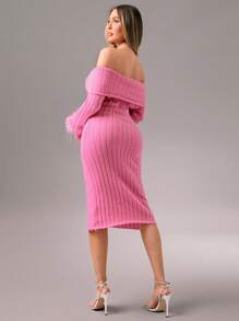 Zolique Women Light Pink Autumn Elegant Party Cold Shoulder Ribbed Feather Plush Splicing Tight Long Dress Sweater Dress,Winter Club Holiday Outfits - Pink - View 2