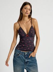 AiiRZ Valentines Cherry Printed Bow Detail Bust Cami Top - Black - View 7