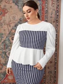 Mulvari Ensemble 2 pièces grande taille femme élégant, Top peplum et jupe crayon à imprimé pied-de-poule, automne - Bleu et Blanc - Voir 5