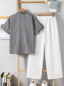 2 stuks/set Tween Boys Casual Stand Collar Loose Short Sleeve Half Placket Pullover Top en Straight Loose Pants Set, Geschikt voor school, tuin, strand, verjaardag in de lente, zomer, herfst, winterseizoenen