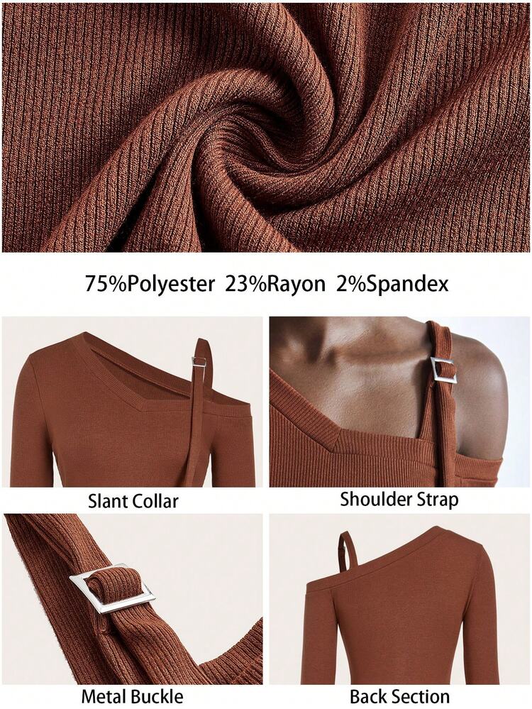 SHEIN Maija Women's Brown Casual Solid Color Oblique Shoulder Metal Button Slim Fit Long Sleeve T-Shirt, Autumn/Winter