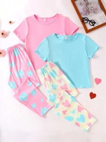 SHEIN 4 件套青少年女孩休闲花卉心形图案长裤和纯色短袖上衣睡衣套装假日旅行休闲夏装