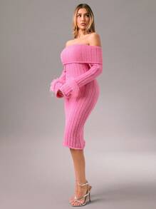 Zolique Women Light Pink Autumn Elegant Party Cold Shoulder Ribbed Feather Plush Splicing Tight Long Dress Sweater Dress,Winter Club Holiday Outfits - Pink - View 7