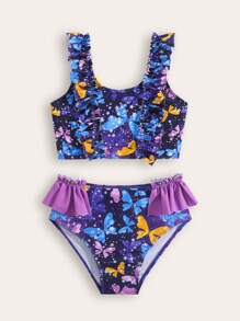 SHEIN New Fashion Young Girl Butterfly Print Ruffled Trim Bikini