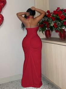 Slaydiva Plus Size Elegant Solid Color Backless Ruched Draped Neck Dress, Suitable For Valentine's Day, Date Night, Club, Prom